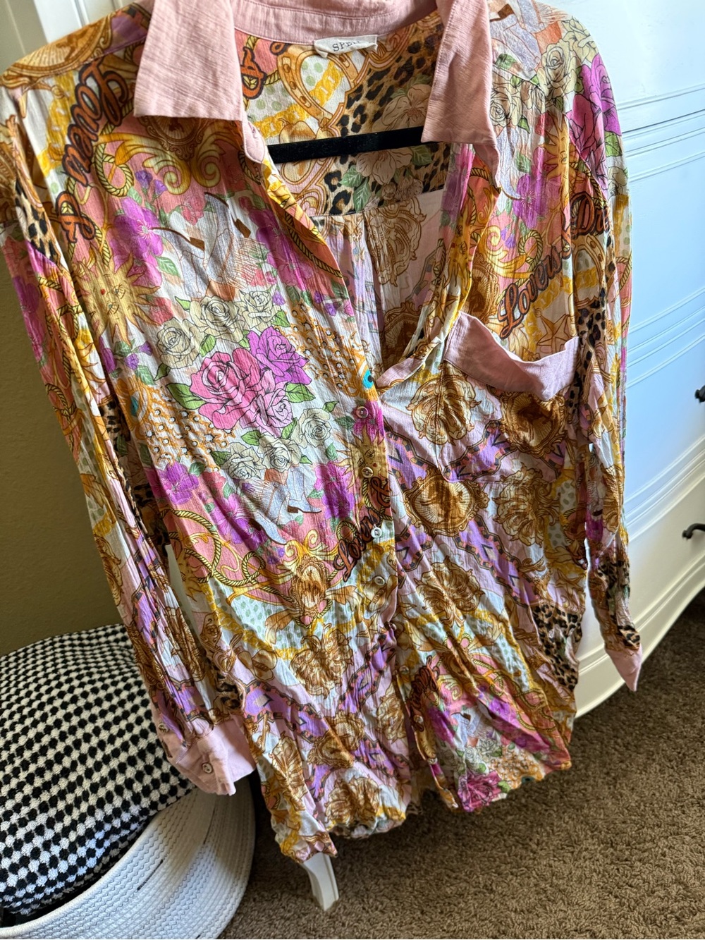 Spell Pink Floral & Gold Print Button-Front Blouse